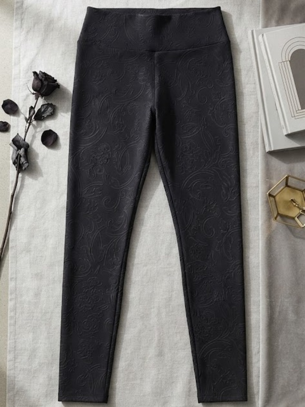 Embossed Floral Leggings - Elegant Black High-Waist